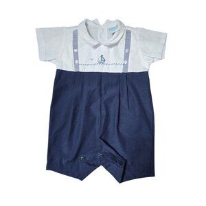 Deadstock Vintage Will Beth Navy Blue Sailboat Romper Baby Boy 9 Months